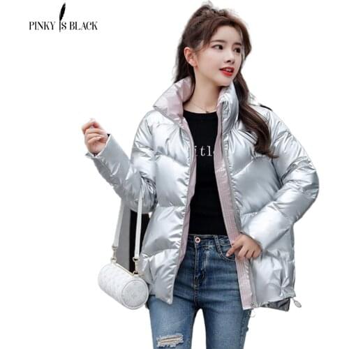 PinkyIsBlack 2020 Autumn Womens Winter Coats Fashion Silver Stand Collar Parkas Winter Jacket Women Pockets Padded Cotton Coat