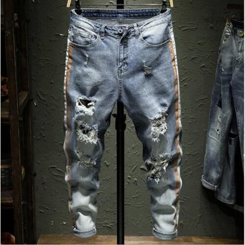 Korean Japan Casual Ripped Jeans Men Skinny Jeans Ankle-Length Streetwear Distressed Jeans Denim Trousers Male Clothes