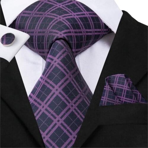 Luxury Purple Plaid Neckties For Men 100% Silk Hand Made Formal Business Jacquard Woven Ties Pocket Square Cufflinks Set C-3009
