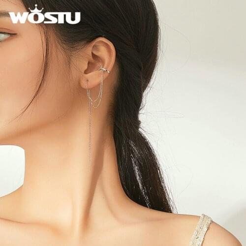 WOSTU 925 sterling silver Simple Tassel Ear cuff Female Long Line Ear Clip Design Zircon Clip on Earrings Weeding jewelry