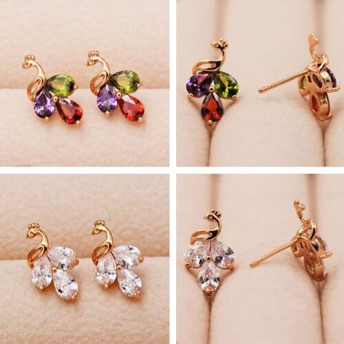 Trendy Gold Animal Peacock Earrings White Red Waterdrop Zirconia Stone For Women Girls Fashion Jewelry Accessories Wedding Gift