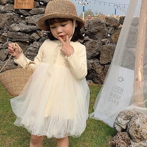 Spring Autumn Girls Mesh Dress Long Sleeve Knitted Basic Dress Fashon Baby Girls Tutu Party Dress 80-130cm RT348