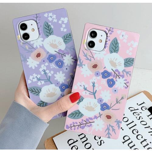 Vintage Flower Square Phone Case For iPhone 11 12 11Pro Max XR XS Max X XS 7 8 Plus 11Pro SE 2020 Finger Ring Holder Back Cover