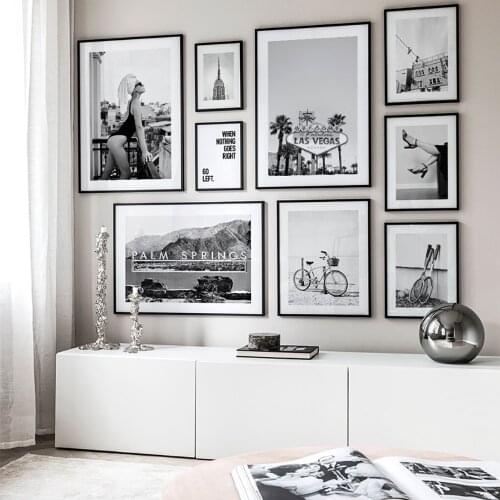 Black White Nordic Vintage Poster Woman Bike on Beach Palm Springs Wall Art Print Canvas Painting Decor Picture For Living Room