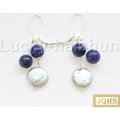 JQHS Dangle 1.5" 11mm coin fastener gray pearls blue lapis lazuli Earrings 18KGP hook j12088 earings