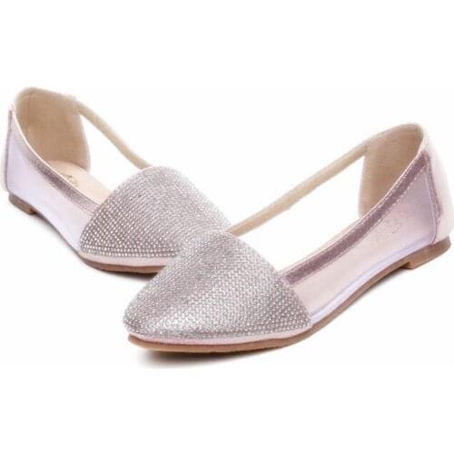 Womens United States And European Style Rhinestones Fiber Mesh Pointy Toe Cheap Ladies Flattie Shoes Plus Size 43 Slip-On Kvoll