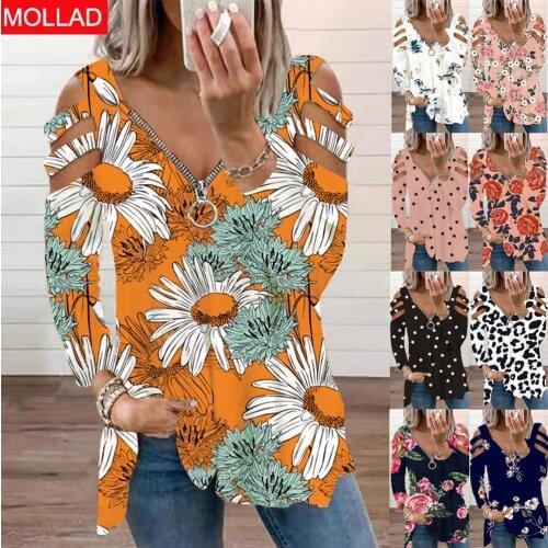 2021 Autumn and Winter New AliExpress Long Sleeve Sexy Low Cut Zipper Printing Shoulder Girdle Long Sleeve T-shirt for Women