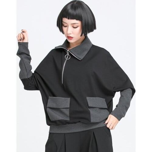 Women Black Gray Pocket Loose Temperament T-shirt New Lapel Long Sleeve Casual Fashion Style Tide Spring Autumn 2021 Clothes