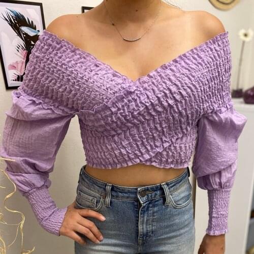 Women Purple Cropped Tops Puff Sleeve Femme Tops Casual Chiffon Fashion Sling Vest Party Wear женщины фиолетовый кроп