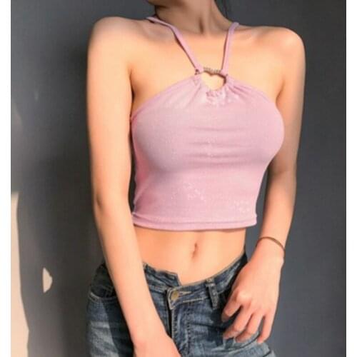 Women Hollow Out Tank Tops New Sexy Halter Neck Pink Color Slim Suspenders Vest Ladies' Fashion Backless Bodycon Top Wear Summer