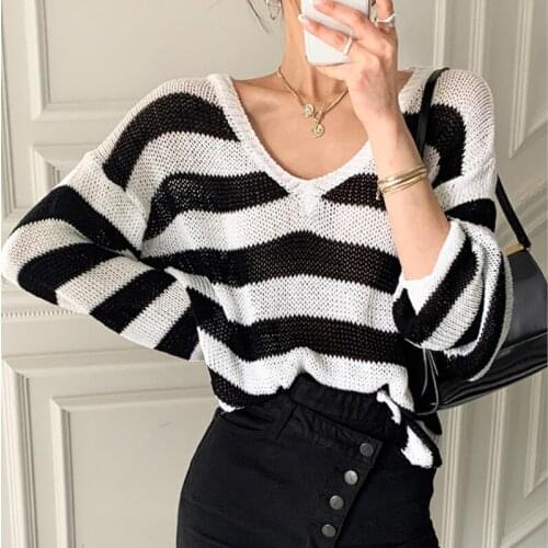 2021 New Spring Women V Neck Striped Thin Knitted Sweater Jacket Batwing Sleeve Loose Pullover Jumpers