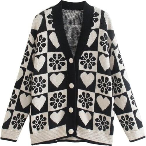 ZXQJ Women 2021 Chic Fashion Jacquard Knitted Cardigan Jacket Vintage Long Sleeve Female Outerwear Chic Tops