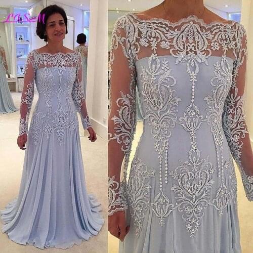 2021 Mother of the Bride Dresses Off Shoulder Sheer Long Sleeves Formal Godmother Evening Wedding Party Guests Gowns Plus Size