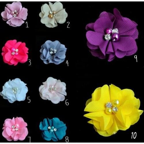 50pcs/lot 2" 10Colors Soft Artificial Mini Fabric Chiffon Flower Accessories+Bling Rhinestone Button For Girl Headwear/Dress/Hat
