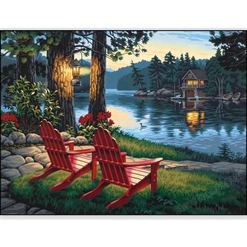 DIY 5D Diamond Painting River Tree and Red Chair Landscape Diamond Embroidery Full Square Drill Picture Mosaic Cross Stitch Kits