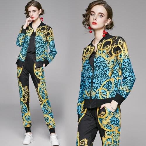 England Style Designer Printed Zipper Jacket 2 Piece Sets Spring/Autumn Women Elastic Waist Pant Matching Sets Outfits Sweatsuit