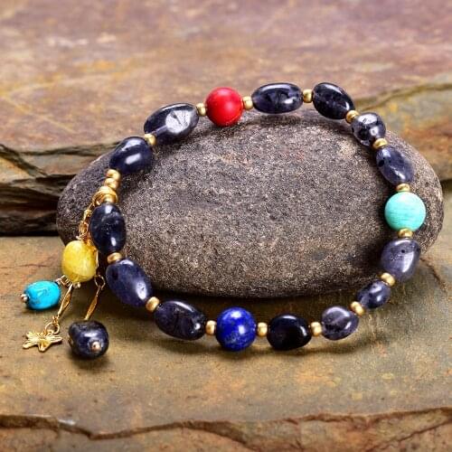 Natural Dark Blue Iolite Crystal Tassel Bracelet for Women Boho Jewelry Mix Stone Beads Stretch Elasticity Cordierite Bracelet