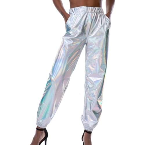 Womens Glitter Metallic Jogger Pants Holographic Sweatpant Beam Foot Harem Hip Hop Dance Trousers Club Streetwear with Pockets
