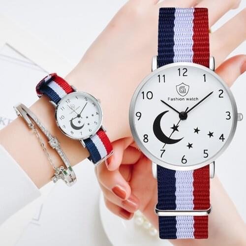 Watch For Women Bracelet Set Casual Canvas Strap Ladies Watches Moon Stars Pattern Quartz Wristwatches Female Gift Girl Clock