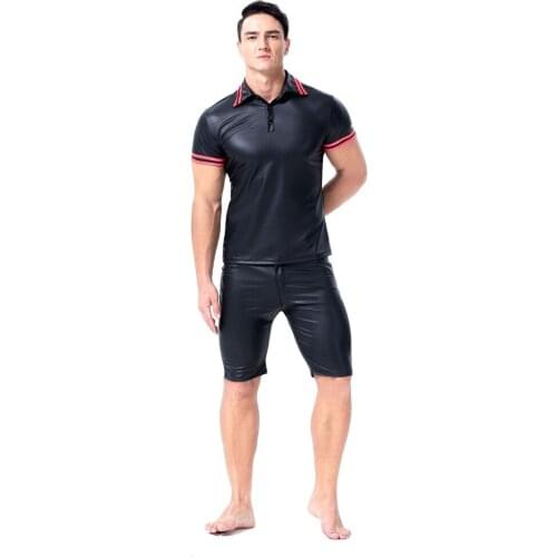 PU Leather Black Striped Blouse Slim Fit Short Sleeve Turn-down Collar Shirt Mens Clothing Cool Mens Casual Shirts