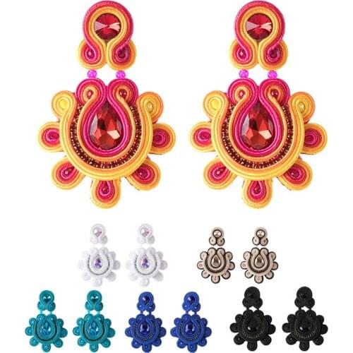 Ethnic jewelry Handmade Soutache Womens earrings Colorful crystal white brown blue Large Dangle earring trend Accessories gift