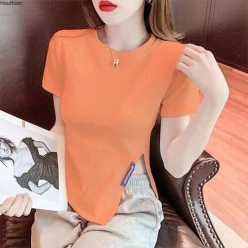 Womens T-shirt Solid Color Top Casual Tees Fashion T Shirt New Tops Splicing O-collar Split Fork Short Sleeve Summer Houthion