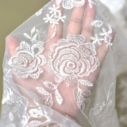 New Embroidered Lace Wedding Dress Flat Embroidered Roses DIY Home Curtain Tablecloth Dress Lace Fabric white