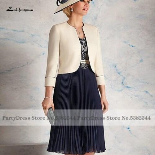 Lakshmigown Vintage Women Wedding Guest Dress 2021 Vestidos Fiesta Boda Navy Blue Mother of the Bridal/Groom Dresses with Jacket