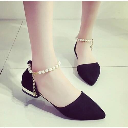 Summer New Flat Sandals with A Buckle Low Heel Womens Shoes Pointed Flat Sandals Pearl String Bead Flats 2021shz4