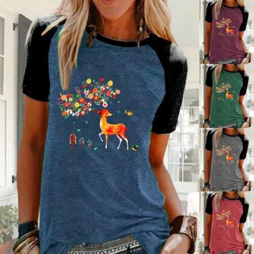 Summer Womens Deer Printed Short Sleeve Tops Ladies Round Neck Casual Shirts Plus Size T-shirt Blouse S-5XL