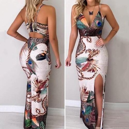 70% Hot Sell Fashion Women Peacock Feather Print Deep-V Neck Slit Bodycon Long Spaghetti Dress