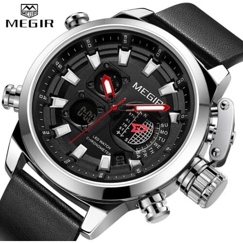MEGIR New Watch Men Luxury Brand Analog Digital Sports Mens Watches Leather Army Military Waterproof Wristwatch 2021 Male Clock