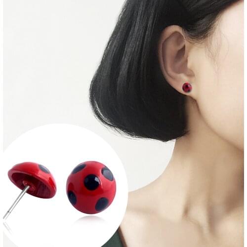 Fashion Ladybug Anime Cartoon Style Stainless Steel Plated Earrings Jewelry Cartoon Glass Dome Stud Earrings Gifts for Women