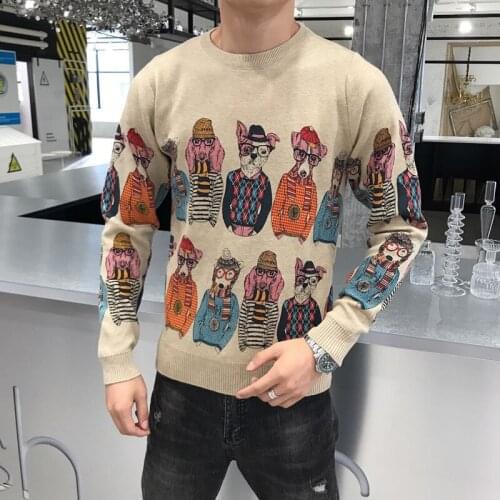 2020 Autumn And Winter New Round Neck Dog Pattern Mens Slim Fit Knitted Pullovers Mens Casual Sweater Outwear