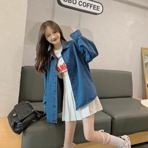 Spring and autumn new Korean version of the large size fat mm denim shirt womens long-sleeved tops niche all-match shirt jacket