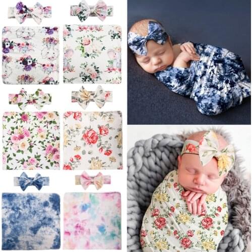 Baby Receiving Blanket Headband Set Infant Floral Printing Swaddle Muslin Wrap Newborn Photography Prop Blankets For Newborn