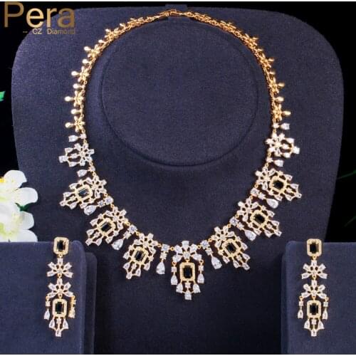 Pera Mysterious Black Cubic Zirconia Nigerian Gold Big Water Drop Earrings Necklace Bridal Wedding Jewelry Sets for Brides J427