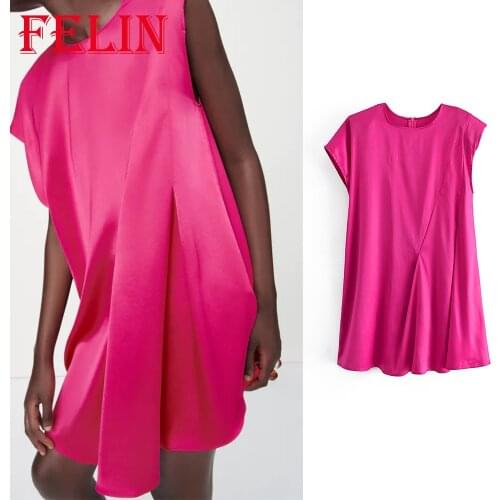 Za 2021 Women Chic Pink Casual Mini Shirt Dress Straight O Neck Stain Streetwear Dress Elegant Holiday Mujer Vestidos