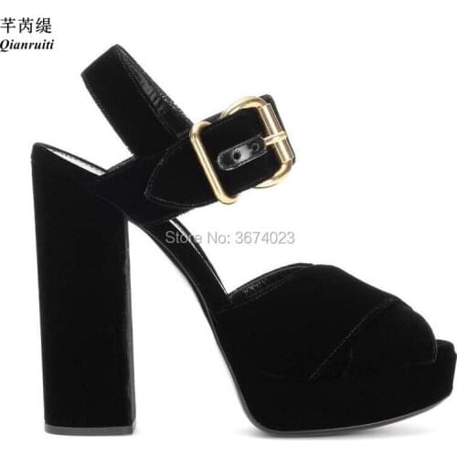 Qianruiti Women Platform Sandals Gladiator Velvet Shoes Buckle Strap Block High Heels Peep Toe Stilettos Party Dress Sandals