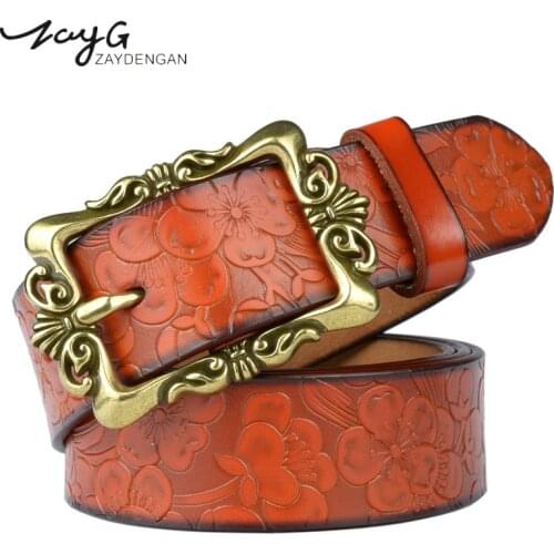 ZAYG Luxury Fashion Wide Genuine leather belts for women Vintage Floral Pin buckle Woman belt High quality Cowskin jeans strap