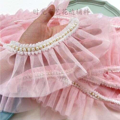 9cm Wide Pink 3D Pleated Mesh Lace Fabric Ruffle Beading Trim Embroidered Collar Ribbon Sewing Clothing Skirt Splicing Material