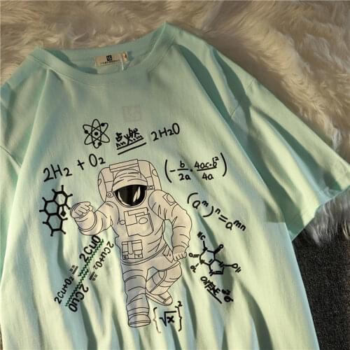 Cotton 2021 Summer New Astronaut Printed Round Neck Short-sleeved T-shirt Women Loose Casual Temperament Top