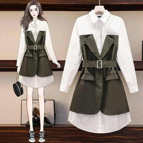 EHQAXIN Plus Size Womens Dresses 2021 Autumn Fashion New Stitching Button Shirt Long-Sleeved Dress With Belt For Ladies L-5XL