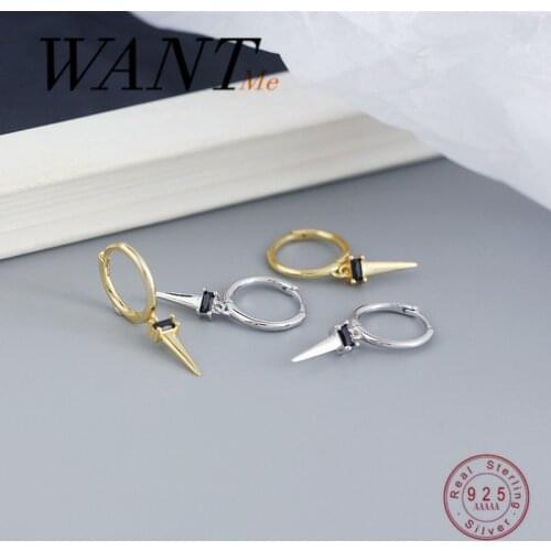 WANTME Real 925 Sterling Silver Pave Square Black Zircon Long Spike Rivet Hanging Stud Earrings for Women Punk Earrings Jewelry