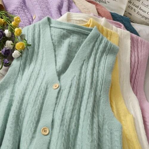 OUMEA Women Knitted Sweaters V Neck Sleeveless Buttons Front Knitting Vest Braid Pattern Candy Color Going Out Vintage Vest