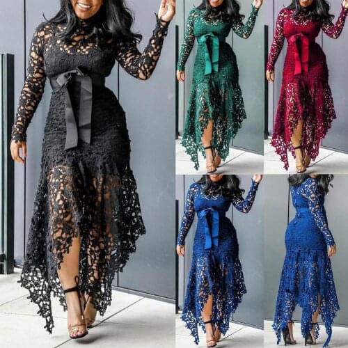Women Long Sleeve Bow Belted Irregular Hem Hollow Lace Sexy Bodycon Long Dress Fashion Women Dress Office Lady Dress Vestido NEW