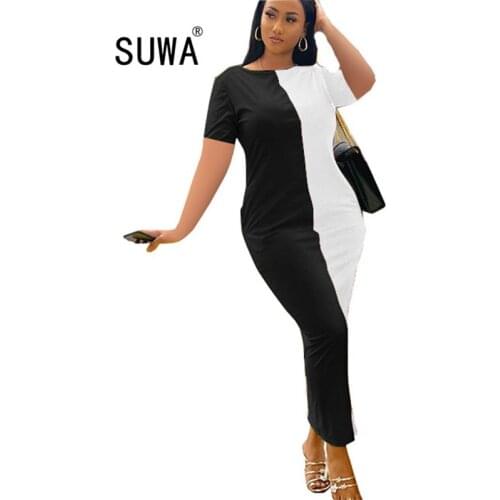 Black white patchwork high street sexy elegant office ladies dresses new arrival 2020 summer short sleeve sheath long maxi dress