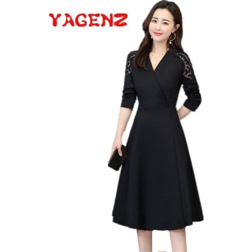 YAGENZ Spring and Autumn Dress Women Vestidos Fashion Plus size Mini Dress Long Sleeve V-neck A-line Dress Vestido de fiesta 707