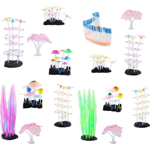 Aquarium Fish Tank Ornament,Simulation Coral Plant Decorations Glowing Silicone Accessories 4Pieces