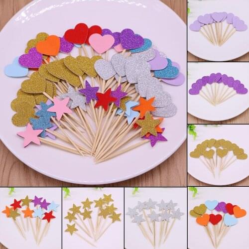 40pcs Pure Color glitter Golden Color Heart Star Paper Cupcake Toppers Children Birthday Wedding Baby Shower Party Decoration